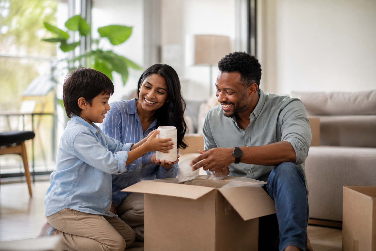 A relocating family unpacking a moving box together in a bright living room