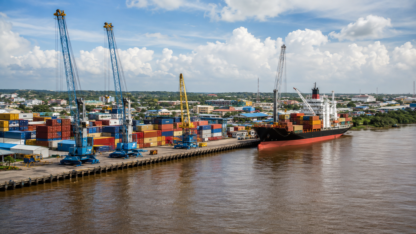Container terminal on the Suriname river in Paramaribo with blue and yellow gantry cranes