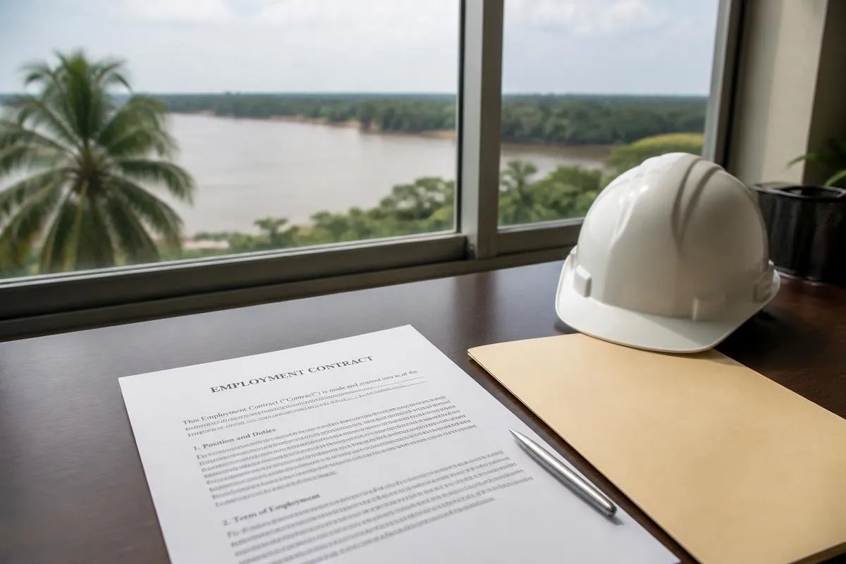 Employment contract, personnel folder and safety helmet on a desk overlooking the Suriname river