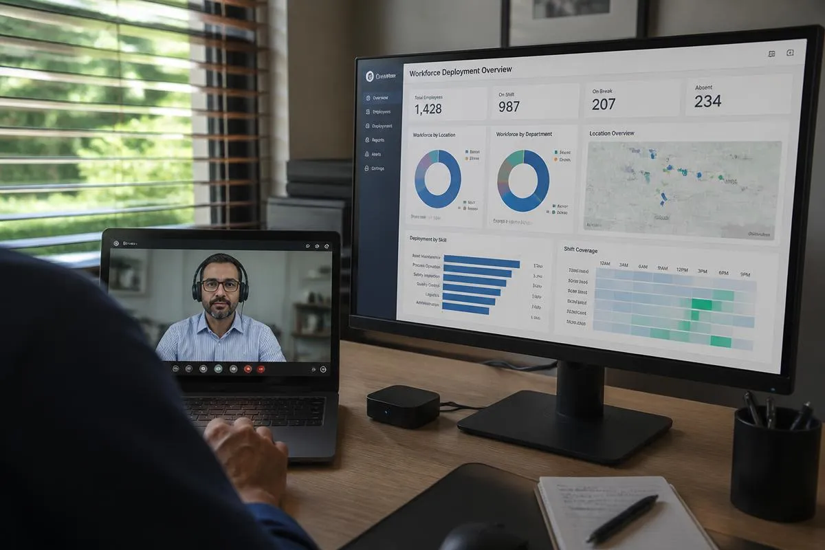 Desk with a video call to an international partner and a workforce deployment overview on a second screen