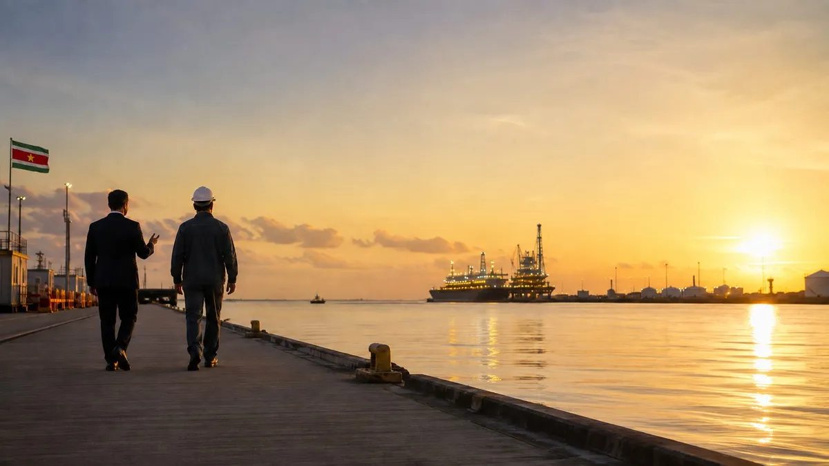A consultant and a site engineer walking along a Suriname port quay at sunset with an offshore rig in the distance